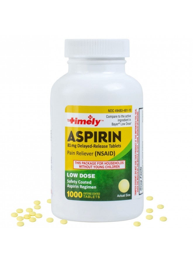 Timely By Time Cap Labs - 1000 Count Low Dose Aspirin 81Mg For Adults And Children 12 Years And Over - Compared To The Active Ingredient In Bayer Low Dose - Safety Coated Low Strength Aspirin Tablets