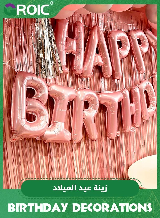 65 Pcs Pink Birthday Decorations, Pink Fringe Curtain with Happy Birthday Balloons Banner, Happy Birthday Balloons, Happy Birthday Balloon Letters Girl Birthday Party Decorations