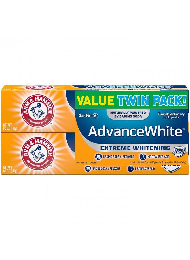 Arm And Hammer Advanced White Extreme Whitening Toothpaste, Twin Pack (Contains Two 6Oz Tubes) -Clean Mint- Fluoride Toothpaste