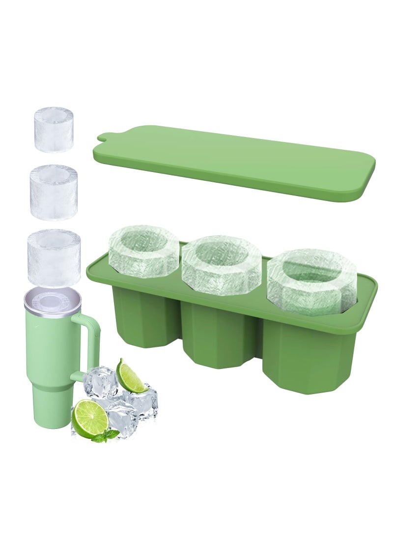 Ice Cube Tray for Stanley Cup, Silicone Ice Cube Mold with Spill-Resistant Lid, 3 Hollow Cylinder Ice Cube Molds for 20-40 oz Tumblers, BPA Free, Ice Cube Trays for Freezer Drinks Whiskey, Green