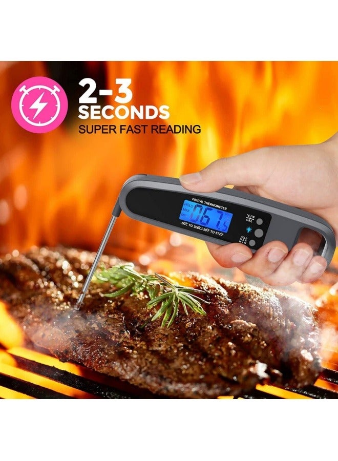 Instant Read Meat Thermometer for Grill and Cooking. Best Waterproof Ultra Fast Thermometer with Backlight & Calibration-black