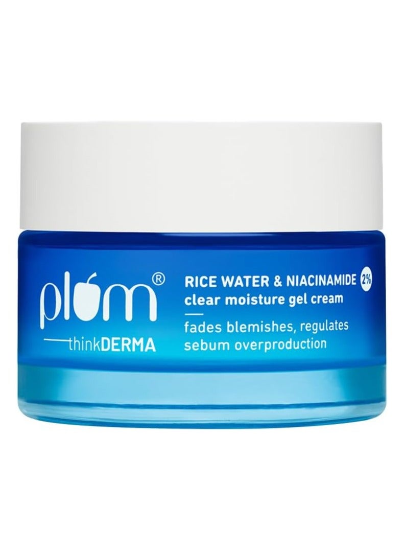 Plum thinkDERMA 2% Niacinamide & Rice Water Clear Moisture Gel Cream Fades Blemishes & Brightens Skin with 3% MatmarineTM for Oil Control  Lightweight & Non-sticky 100% Vegan 50g