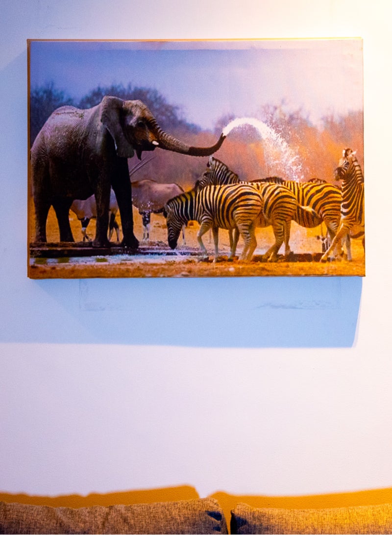 Harmony at the Watering Hole (Elephant and Zebras) Canvas Frame