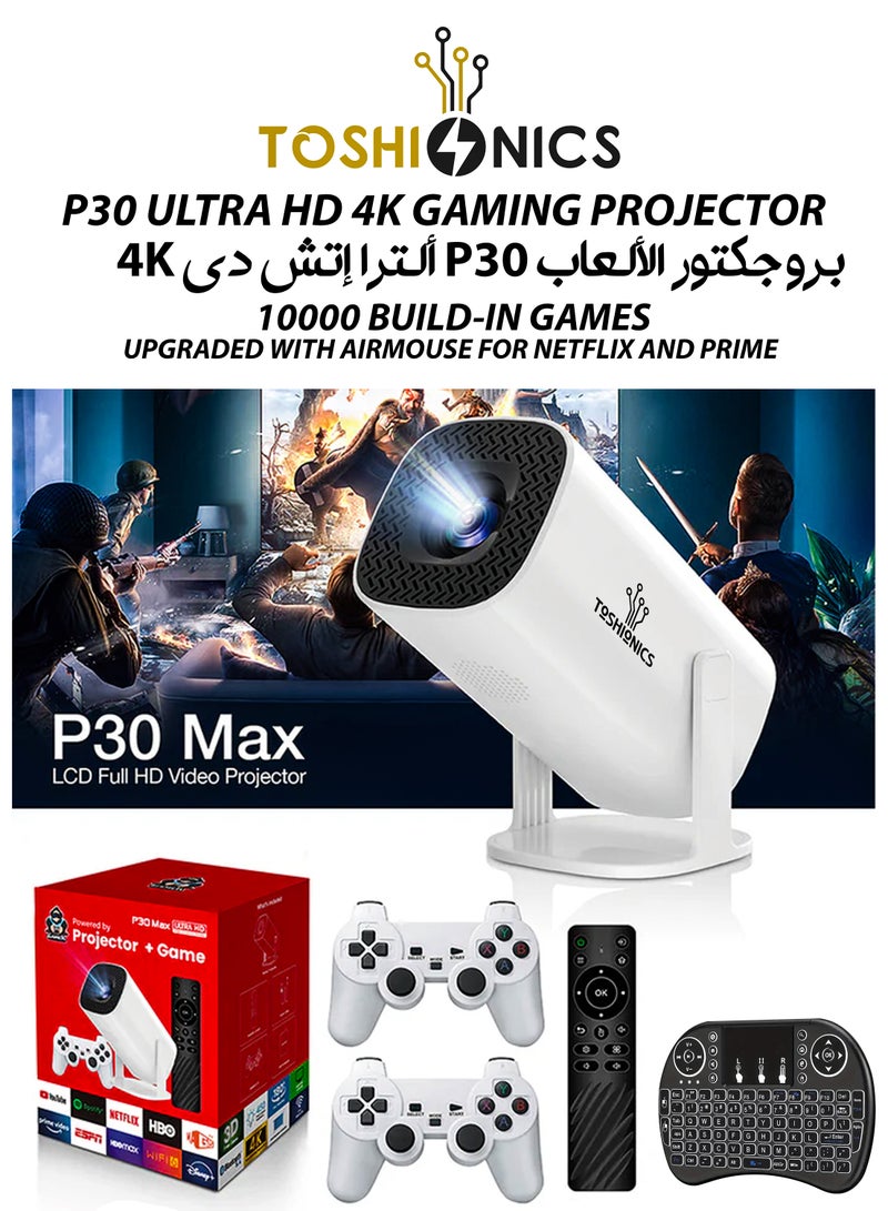 P30 MAX 450 ANSI Lumens Mini Ultra HD Gaming Projector with 10,000 Built-in Games, Android 11, 4K Support, 180 Degree Rotating Screen, 130 Inches Screen Display, Portable Mini Cinema, Movie Theater, Home Entertainment, Mobile Phone Projection, Video Presentations
