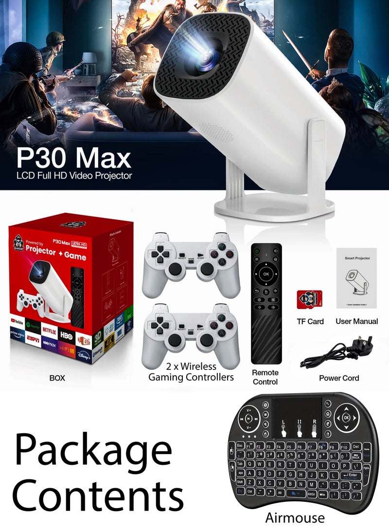 P30 MAX 450 ANSI Lumens Mini Ultra HD Gaming Projector with 10,000 Built-in Games, Android 11, 4K Support, 180 Degree Rotating Screen, 130 Inches Screen Display, Portable Mini Cinema, Movie Theater, Home Entertainment, Mobile Phone Projection, Video Presentations