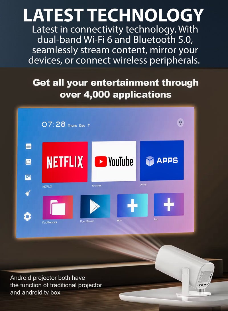 P30 MAX 450 ANSI Lumens Mini Ultra HD Gaming Projector with 10,000 Built-in Games, Android 11, 4K Support, 180 Degree Rotating Screen, 130 Inches Screen Display, Portable Mini Cinema, Movie Theater, Home Entertainment, Mobile Phone Projection, Video Presentations
