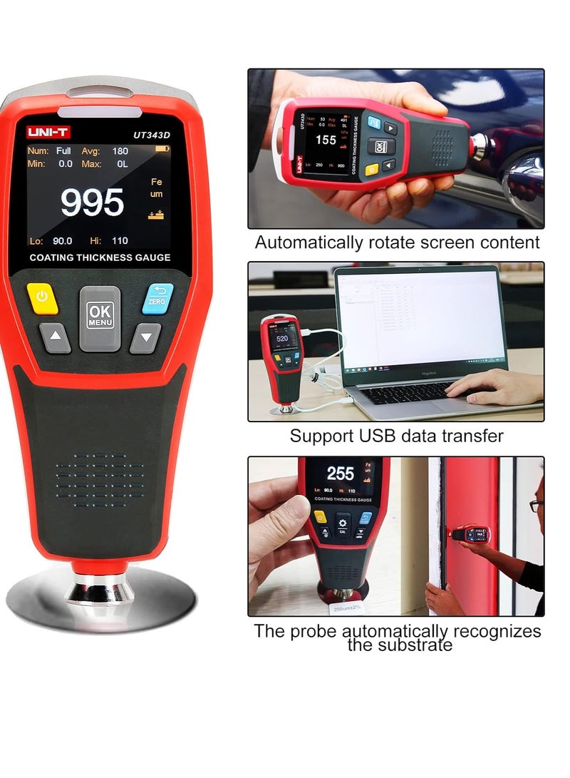 UT343D Digital Coating Thickness Gauge Meter r Range 0 to 1250um with USB Data Function