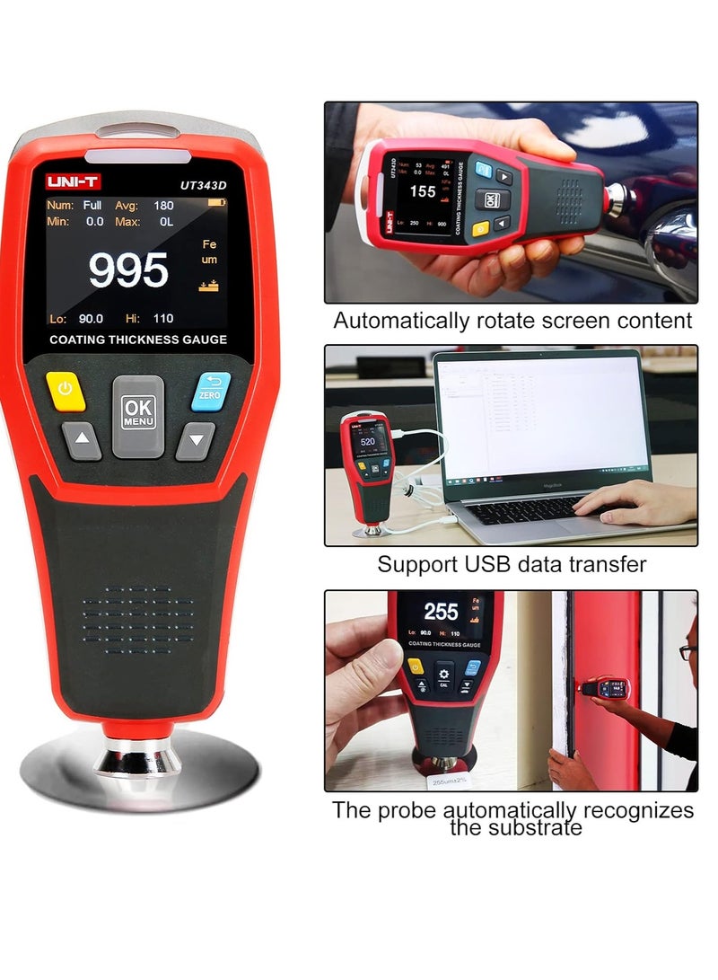 UT343D Digital Coating Thickness Gauge Meter r Range 0 to 1250um with USB Data Function