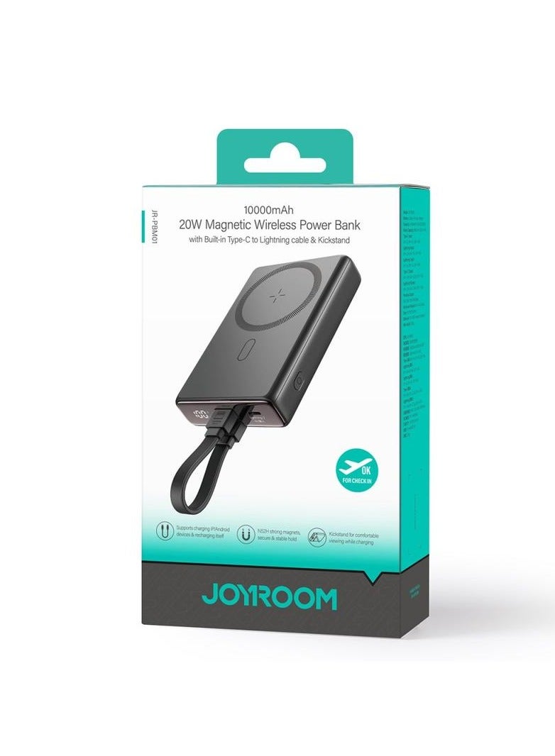 10000 mAh JOYROOM JR-PBM01 PD 20W PHONE POWER BANK MAGNETIC WIRELESS CHARGER WITH BUILT-IN CABLE / KICKSTAND - Black