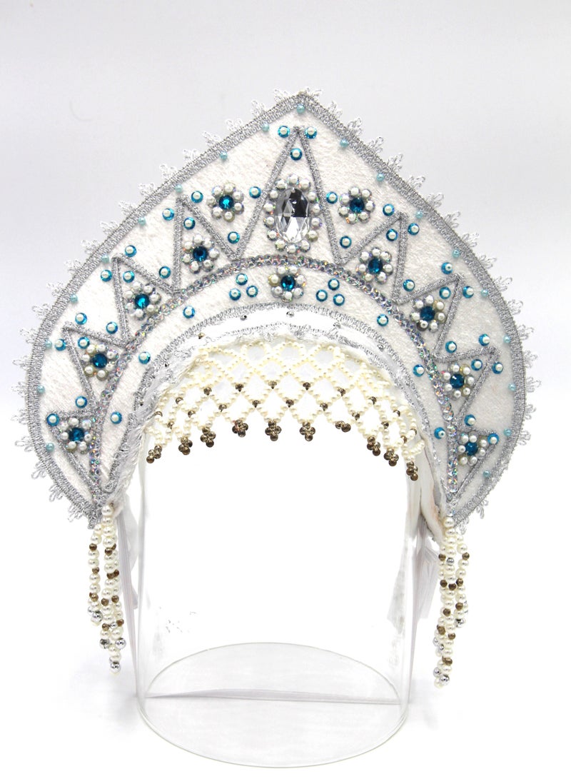 D' Daniela - Women's Traditional Headdress Kokoshnik - White with blue and white beads