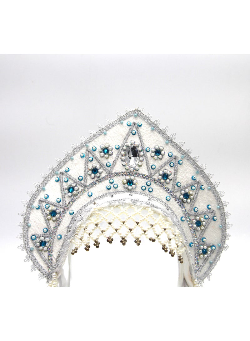 D' Daniela - Women's Traditional Headdress Kokoshnik - White with blue and white beads