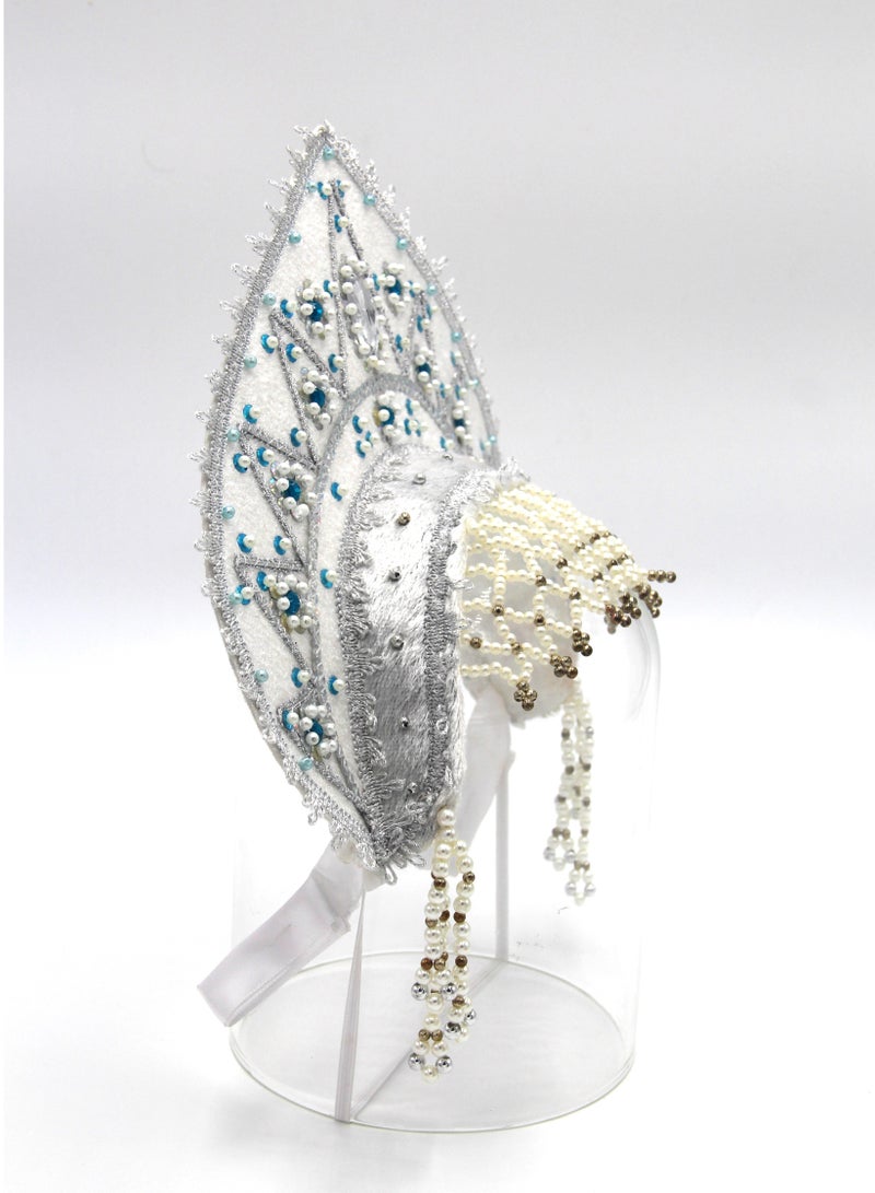 D' Daniela - Women's Traditional Headdress Kokoshnik - White with blue and white beads