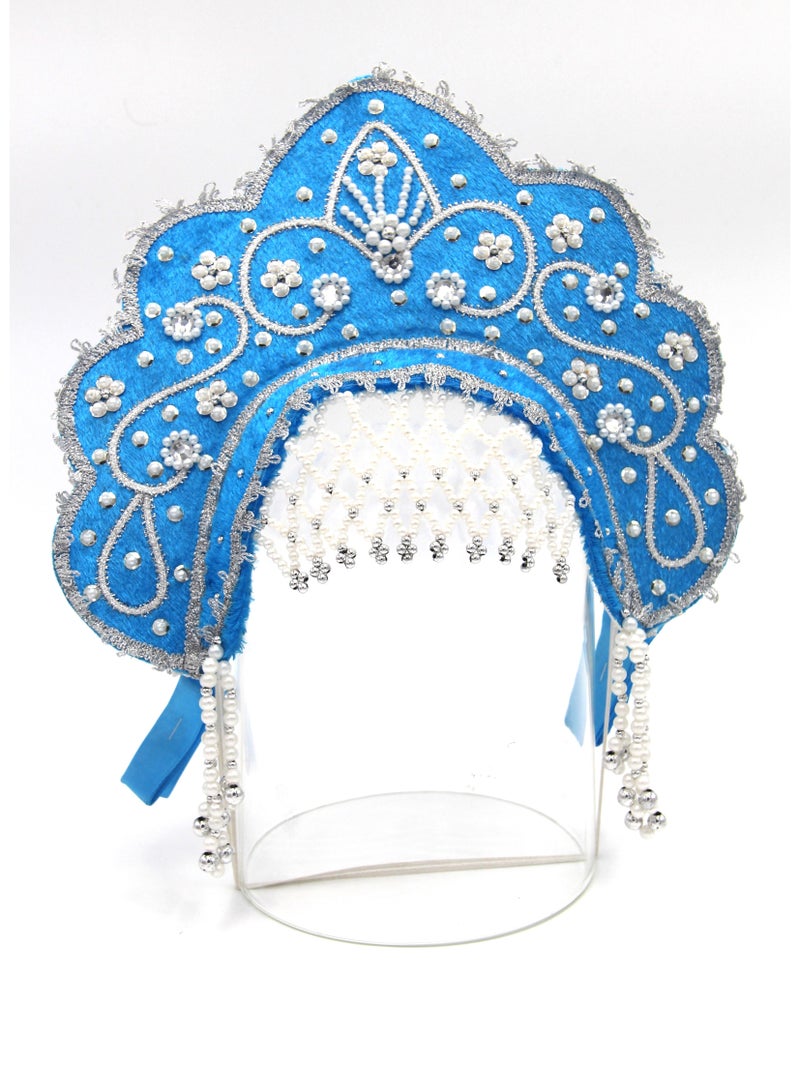 D' Daniela - Women's Traditional Headdress Kokoshnik - Blue with Silver Stones and Beads