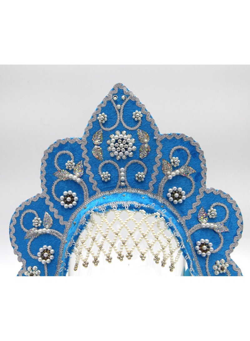 D' Daniela - Women's Traditional Headdress Kokoshnik - Blue Flower Crest Shaped with Silver Beads