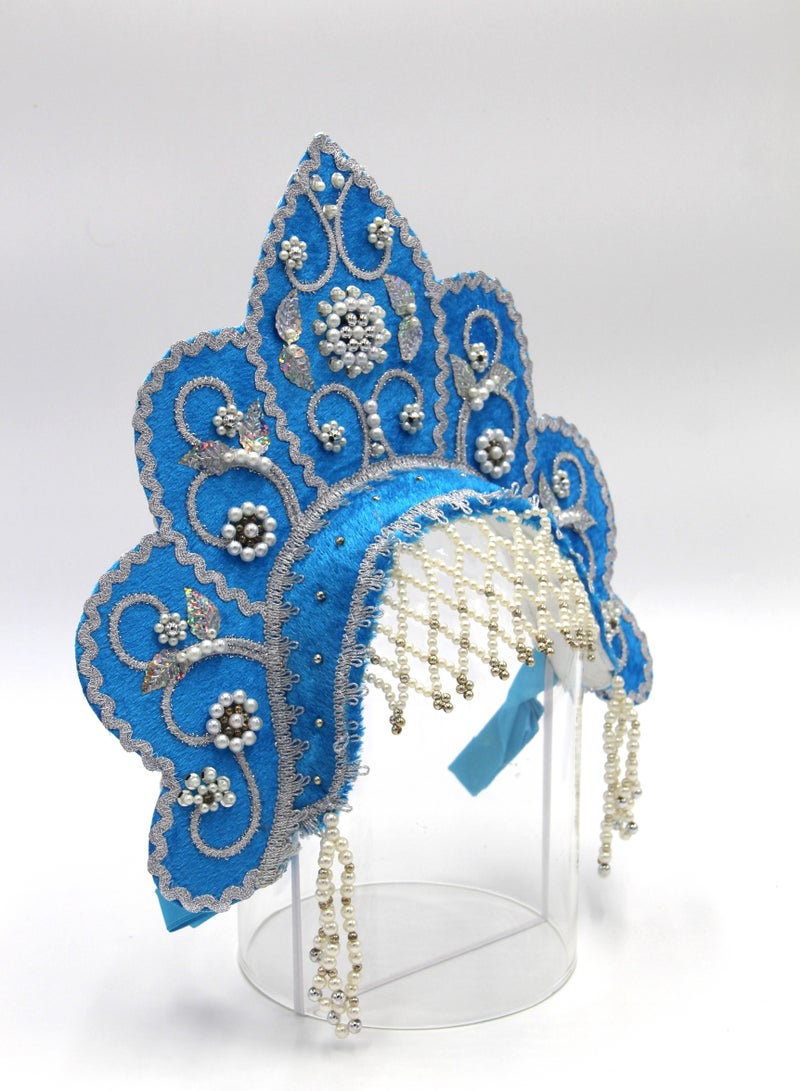 D' Daniela - Women's Traditional Headdress Kokoshnik - Blue Flower Crest Shaped with Silver Beads