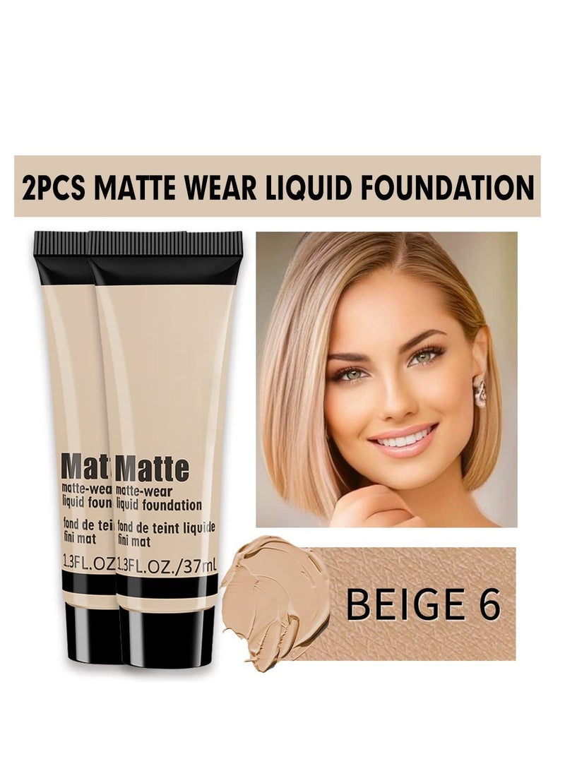 2 Pack Liquid Foundation Cream for Face Makeup Durable Full Coverage Matte Concealer Make Up Oil Control and Waterproof Base Primer Concealer Repair Nourishing Nude Makeup Liquid Foundation BEIGE 6