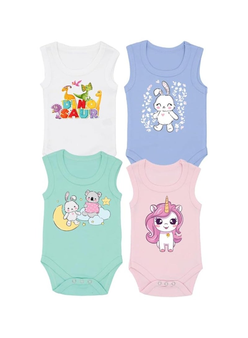 Sleeveless Baby Romper Set for Girls - Pack of 4 Soft Cotton Rompers - Cute Outfits for Newborns and Toddlers with Snap Closure - Gift for Baby Girls