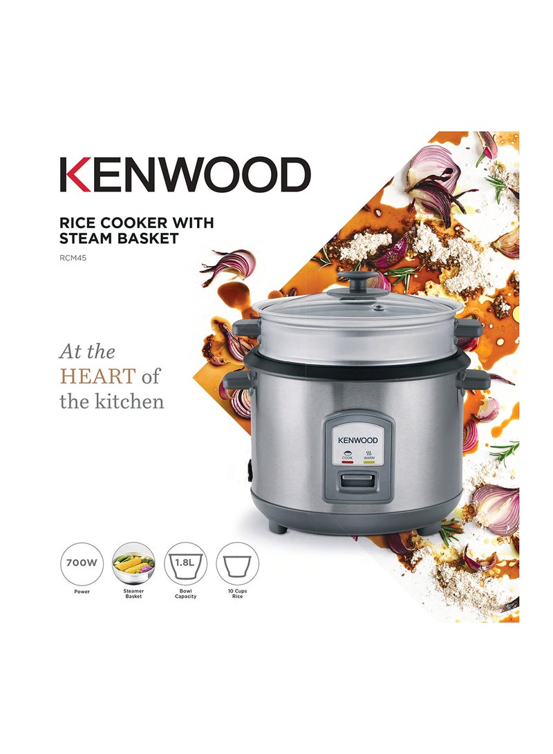 2-In-1 Rice Cooker 1.8L 10-Cups Rice With Food Steamer Basket, Non-Stick Cooking Pot, Temepered Glass Lid, Warm/Cook Lights, Spatula Holder, Detachable Cord RCM45.000SS Silver