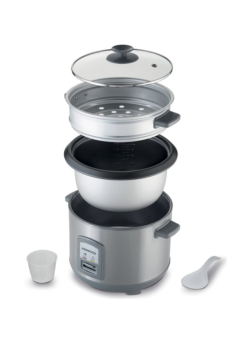 2-In-1 Rice Cooker 1.8L 10-Cups Rice With Food Steamer Basket, Non-Stick Cooking Pot, Temepered Glass Lid, Warm/Cook Lights, Spatula Holder, Detachable Cord RCM45.000SS Silver