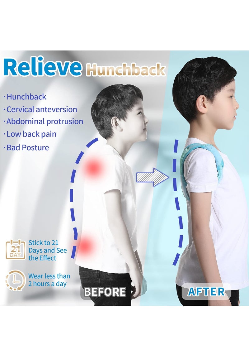 Posture Corrector for Kids, Adjustable Breathable Upper Back Support Brace Back Straightener Back Correction Strap for Clavicle Support and Pain Relief from Back Neck Shoulder (Blue, M)