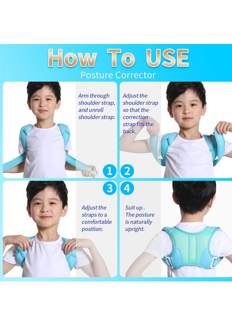 Posture Corrector for Kids, Adjustable Breathable Upper Back Support Brace Back Straightener Back Correction Strap for Clavicle Support and Pain Relief from Back Neck Shoulder (Blue, M)