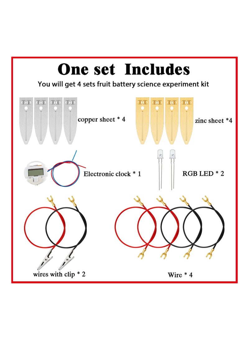 4 Sets Fruit Battery Kit, Lemon-Potato Battery Science Experiment Set Physics Teaching Tool Educational Toy Clock Hands-On Science Toy STEM Exploration Activity Bioenergy Experiment Kit for Students