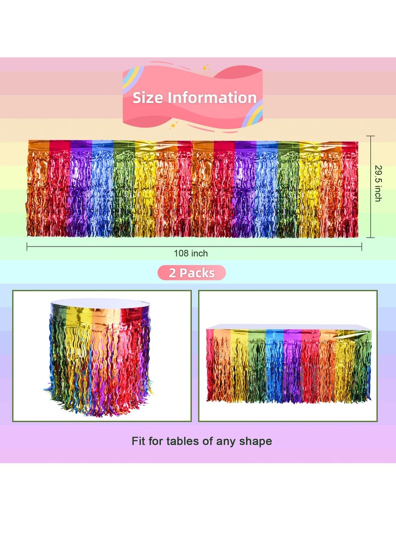 Rainbow Party Decorations, Rainbow Wavy Table Skirt Party Decorations, 2 Pack Metallic Tinsel Foil Fringe Table Skirts, Perfect Table Decors for Birthday, Holiday, Wedding, Engagement, Bridal Shower