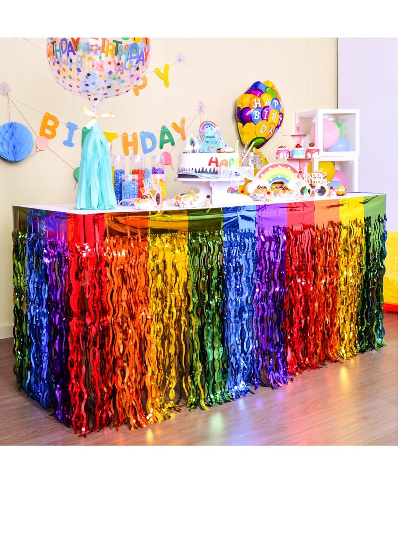 Rainbow Party Decorations, Rainbow Wavy Table Skirt Party Decorations, 2 Pack Metallic Tinsel Foil Fringe Table Skirts, Perfect Table Decors for Birthday, Holiday, Wedding, Engagement, Bridal Shower