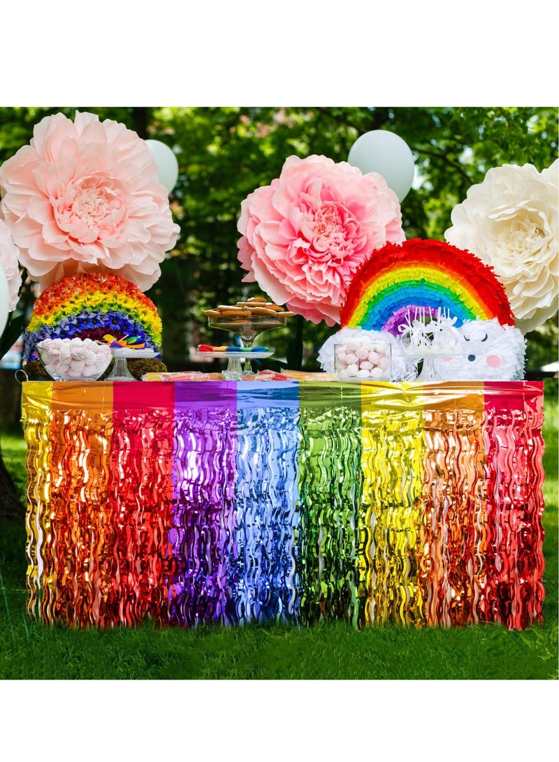 Rainbow Party Decorations, Rainbow Wavy Table Skirt Party Decorations, 2 Pack Metallic Tinsel Foil Fringe Table Skirts, Perfect Table Decors for Birthday, Holiday, Wedding, Engagement, Bridal Shower