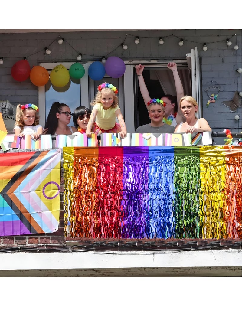 Rainbow Party Decorations, Rainbow Wavy Table Skirt Party Decorations, 2 Pack Metallic Tinsel Foil Fringe Table Skirts, Perfect Table Decors for Birthday, Holiday, Wedding, Engagement, Bridal Shower