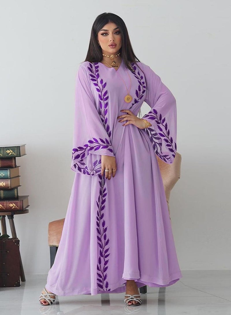 Fashion Chiffon Floral Embroidered Abaya With Hijab Purple Color