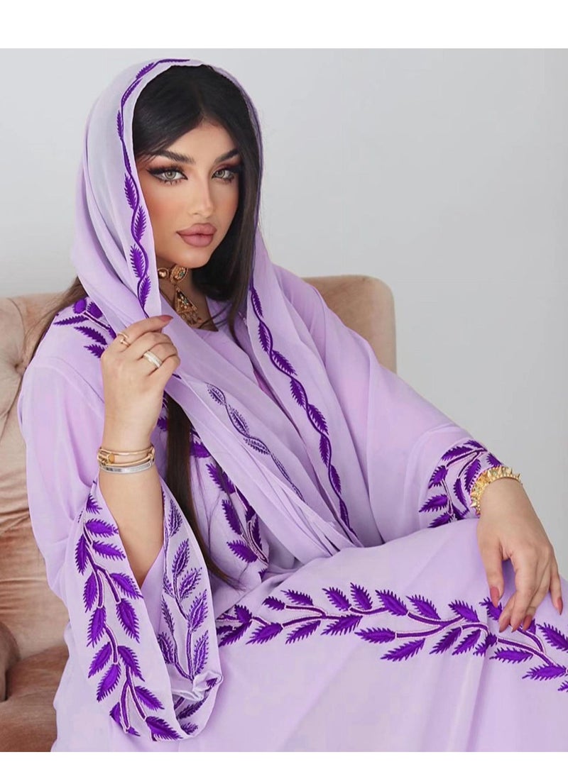 Fashion Chiffon Floral Embroidered Abaya With Hijab Purple Color
