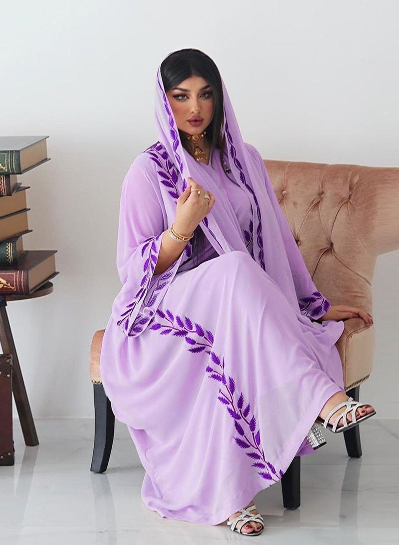 Fashion Chiffon Floral Embroidered Abaya With Hijab Purple Color