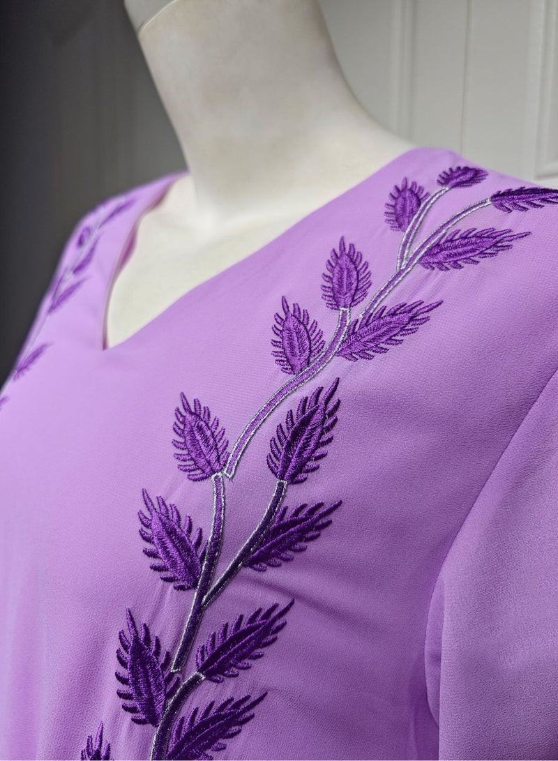 Fashion Chiffon Floral Embroidered Abaya With Hijab Purple Color