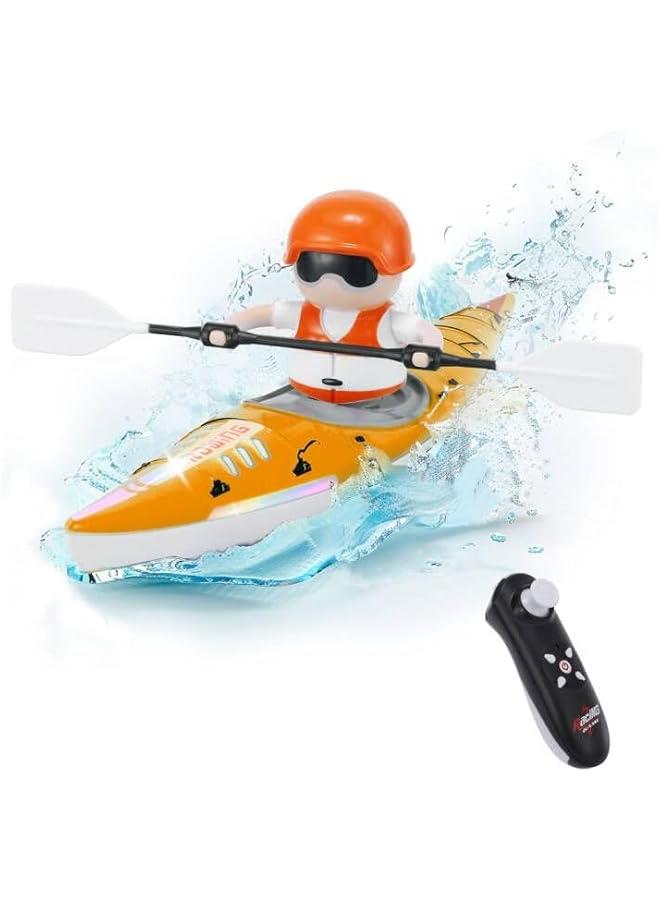 RC Boat for Kids, Remote Control Boat with LED Lights, 2.4GHz Simulated RC Kayak Boat with Paddle for Lake River Pool and Bathtub, Balance Water Toys for Boys and Girls (Orange)