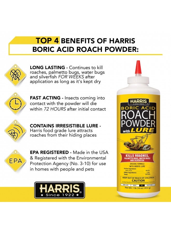 Harris Boric Acid Roach And Silverfish Killer Powder W/Lure For Insects (16Oz)