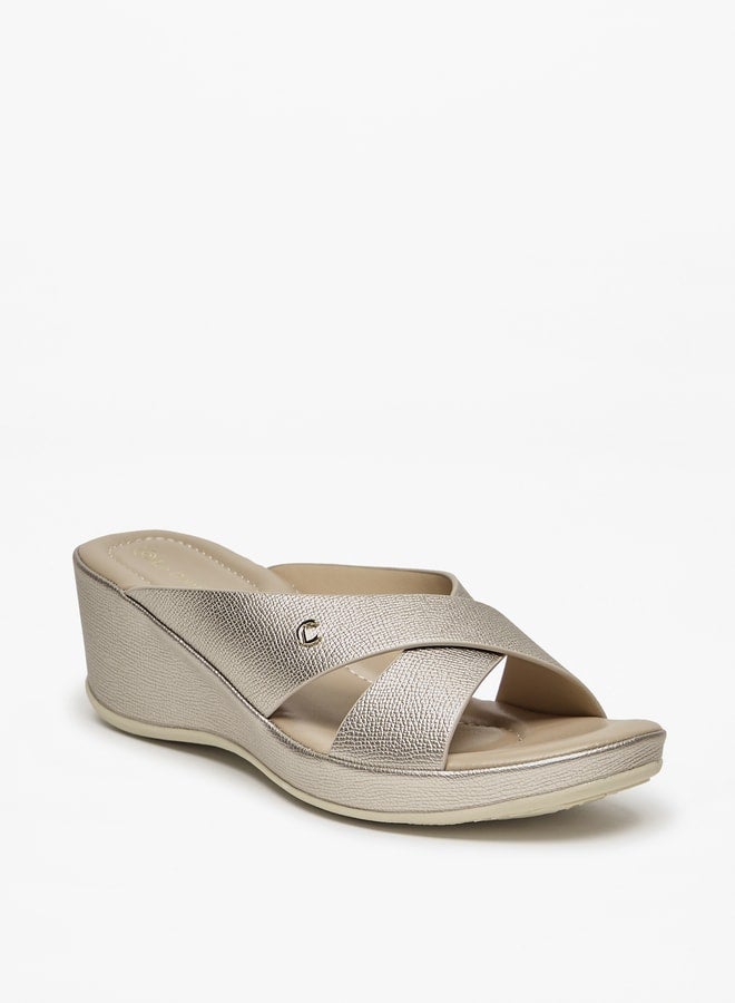 Women Textured Cross Strap Slip-On Sandals with Wedge Heel