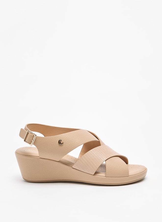 Women Textured Cross Strap Sandals with Wedge Heels and Buckle Closure