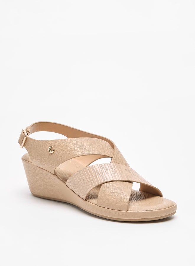 Women Textured Cross Strap Sandals with Wedge Heels and Buckle Closure