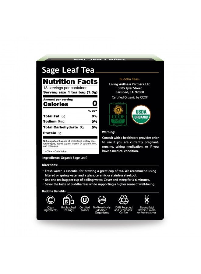 Buddha Teas Organic Sage Leaf Tea - Ou Kosher, Usda Organic, Ccof Organic, 18 Bleach-Free Tea Bags