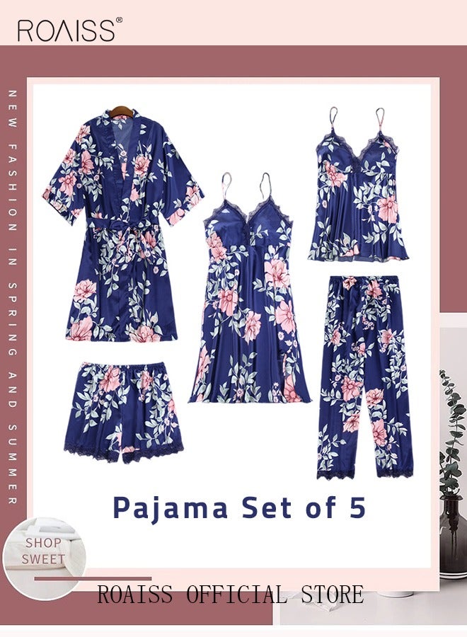 5-Pack Women's Sleepwear Sets Sling Lace Nightdress Sweet Pajama Home Wearing Clothes Loungewear Suits Floral Printing Ladies Nightwear Lingerie Robe Underwear Shorts Summer Spring Blue