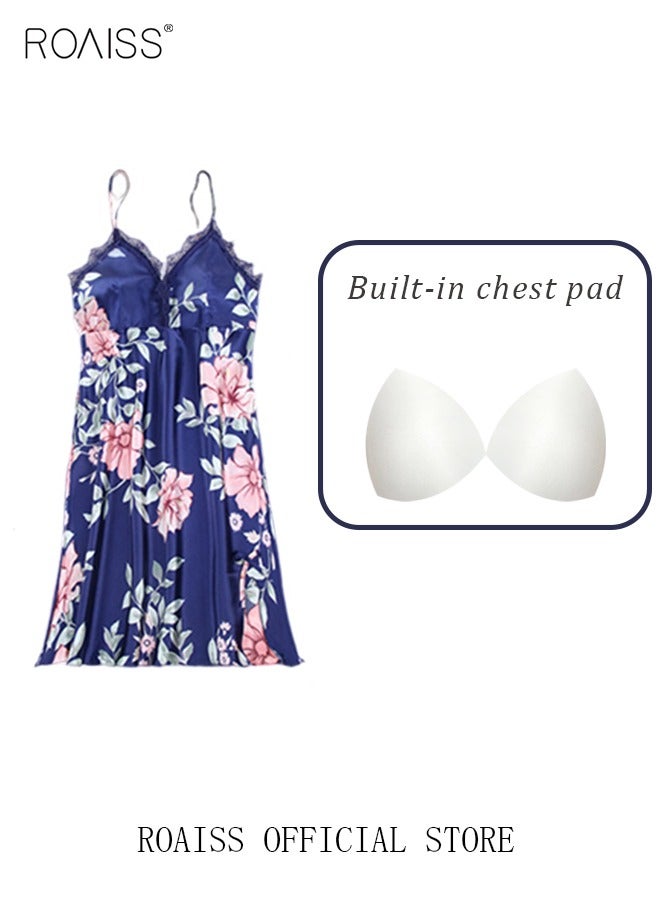 5-Pack Women's Sleepwear Sets Sling Lace Nightdress Sweet Pajama Home Wearing Clothes Loungewear Suits Floral Printing Ladies Nightwear Lingerie Robe Underwear Shorts Summer Spring Blue