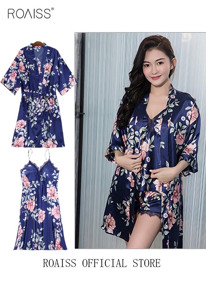 5-Pack Women's Sleepwear Sets Sling Lace Nightdress Sweet Pajama Home Wearing Clothes Loungewear Suits Floral Printing Ladies Nightwear Lingerie Robe Underwear Shorts Summer Spring Blue