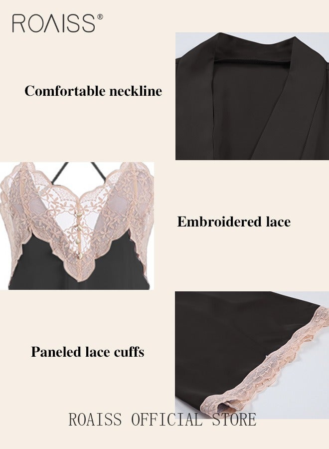 2-Piece Set of Women Pajamas with V-Neck Design Women Home Wear Set Same Color Outer Robe and Lace Element Nightgown