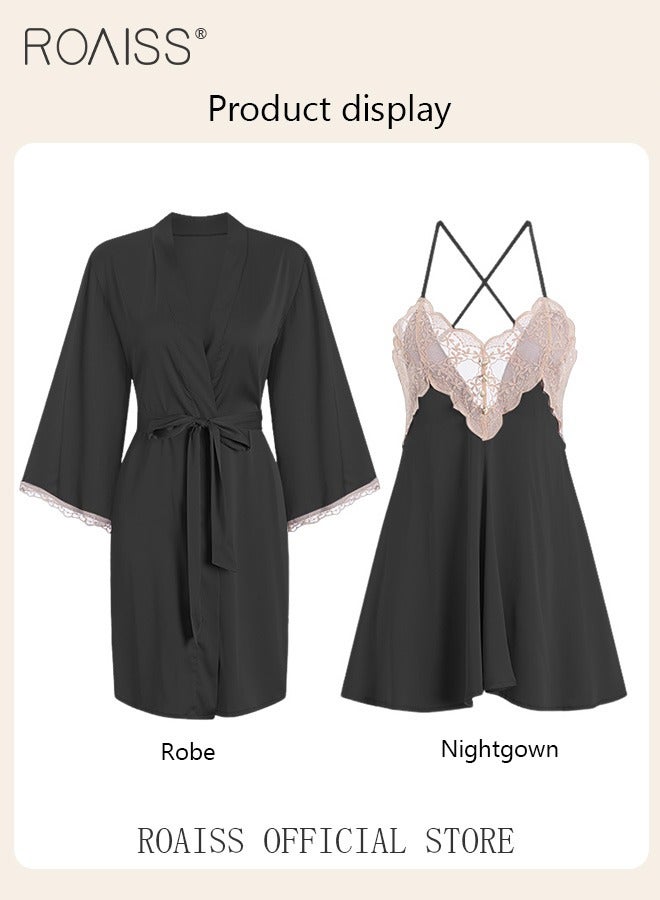 2-Piece Set of Women Pajamas with V-Neck Design Women Home Wear Set Same Color Outer Robe and Lace Element Nightgown
