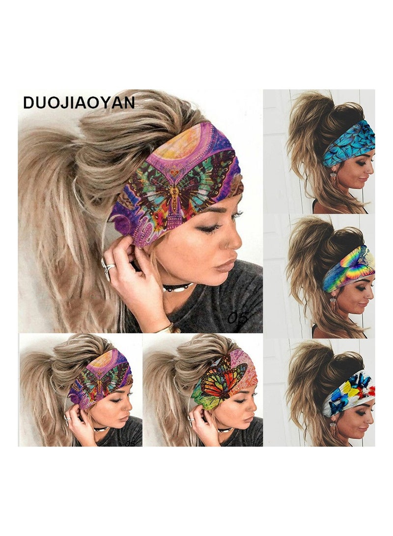 Colorful butterfly print elastic headscarf yoga running sports headband sweat-absorbent headscarf women's headwear (5 pieces)