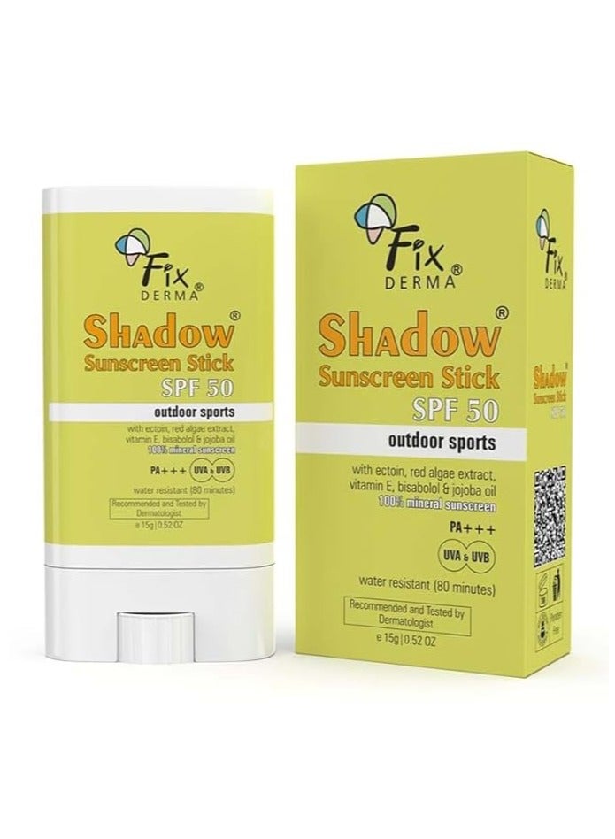 FIXDERMA Shadow Sunscreen Stick Spf 50 With Vitamin E & Jojoba Oil, Sunscreen Stick Spf 50 For Face, Stick Sunscreen & Mineral Sunscreen, Sunscreen For Sports - White Color (15G, All)