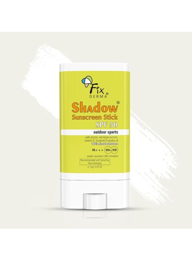 FIXDERMA Shadow Sunscreen Stick Spf 50 With Vitamin E & Jojoba Oil, Sunscreen Stick Spf 50 For Face, Stick Sunscreen & Mineral Sunscreen, Sunscreen For Sports - White Color (15G, All)