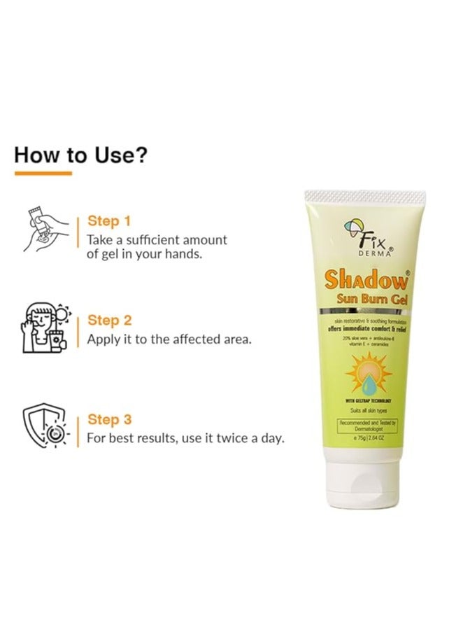 Fixderma Shadow Sun Burn Gel with 20% Aloe Vera Gel & Vitamin E | Ceramide Moisturizer | Dermatologist Tested Moisturizer for Face | Sunburn Cream for Face | Suitable for All Skin Types - 75gm