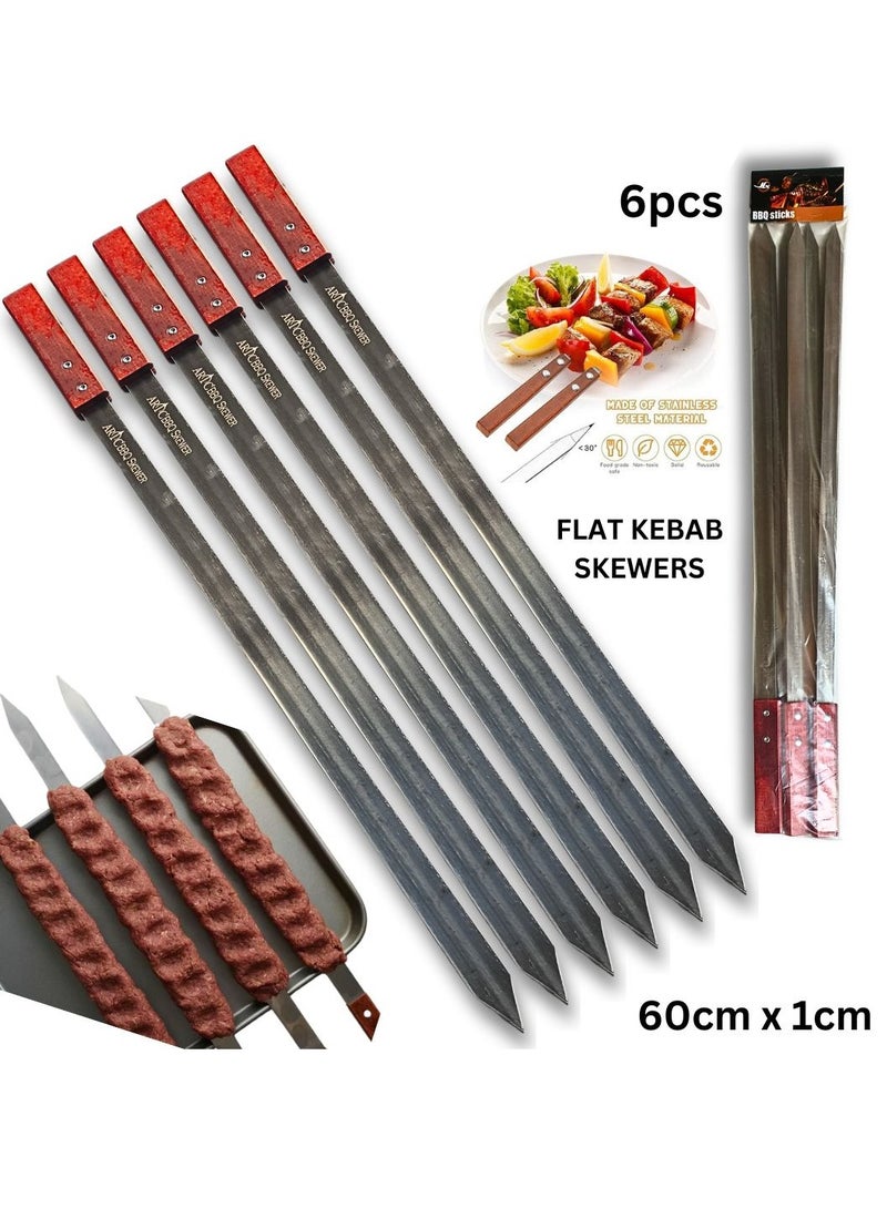 ARTC 60cm BBQ Skewers Set With Wooden Handle And Stainless Steel Kebab Skewers for Tikka And Turkish And Iranian Koobideh Style BBQ
